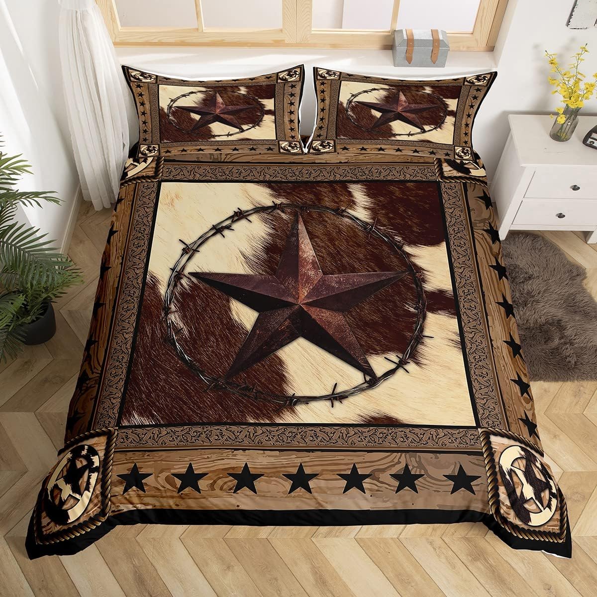 Juego de funda de edredón de vaquero occidental, tamaño King, juego de ropa de cama con estampado de piel de vaca, 3 piezas para decoración de