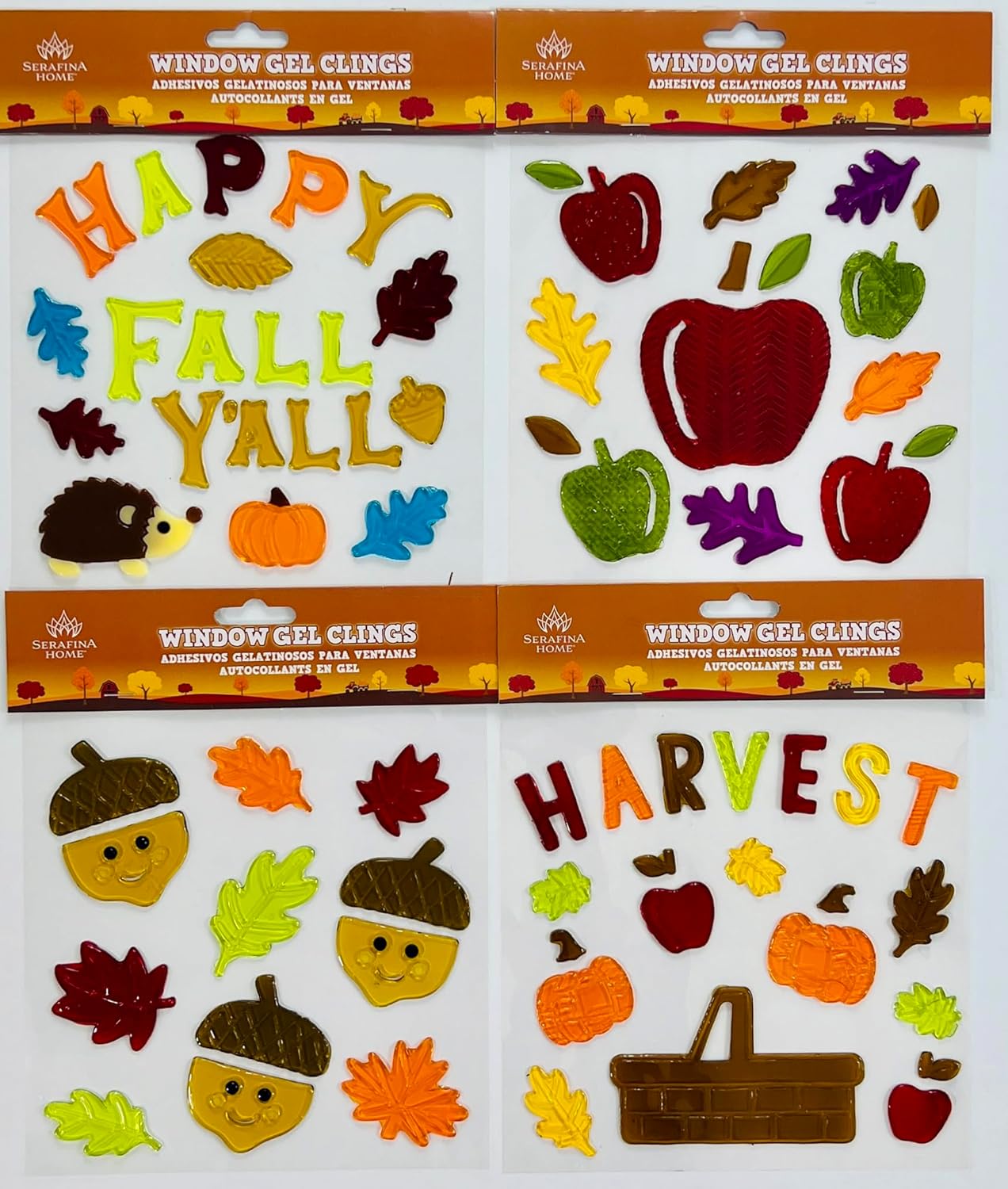 Calcomanías de ventana de otoño bellotas de otoño, cosecha, hojas de manzana, decoraciones de gel de Acción de Gracias para el hogar, oficina,