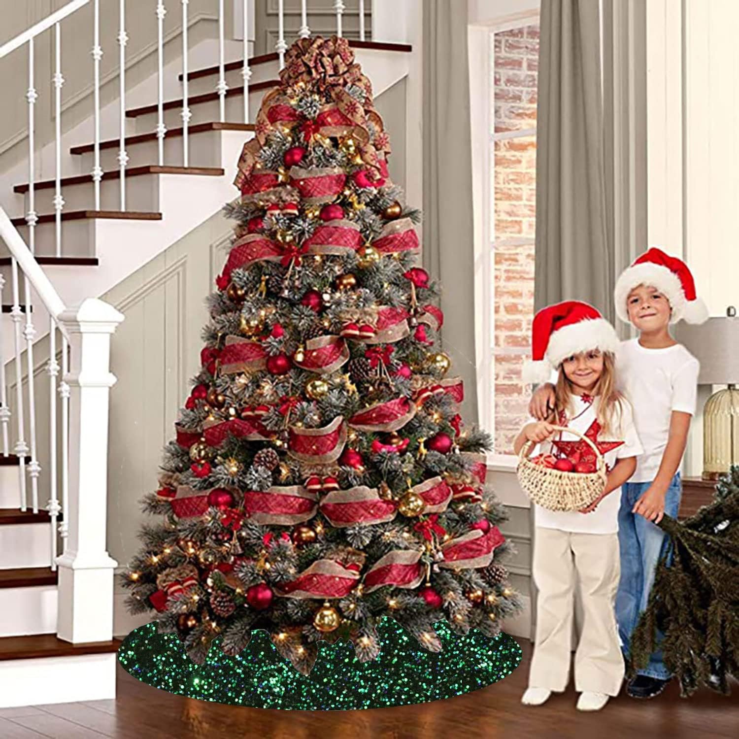 FUHSY Falda de árbol de Navidad de 36 pulgadas, falda de árbol de lentejuelas verde y negra, alfombrillas gruesas de terciopelo para árbol de
