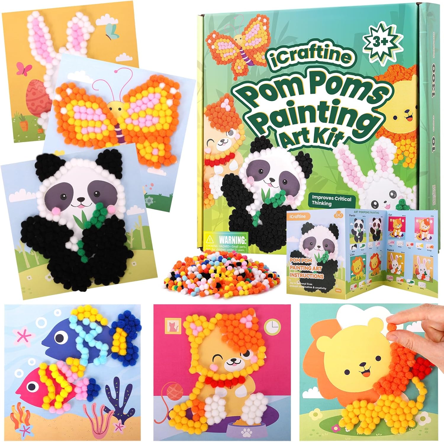 iCraftine Kit de arte y manualidades con pompones para niños de 2, 3, 4, 5, 6 años – Fácil actividad artística para niños pequeños actividades