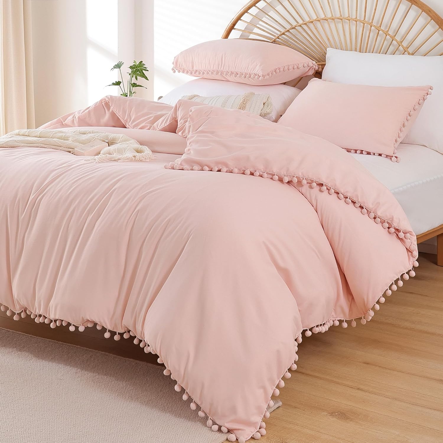 YIRDDEO Juego de edredón de 3 piezas con diseño de flecos de pompones, juego de ropa de cama matrimonial lujoso y bohemio estético, juego de edredón