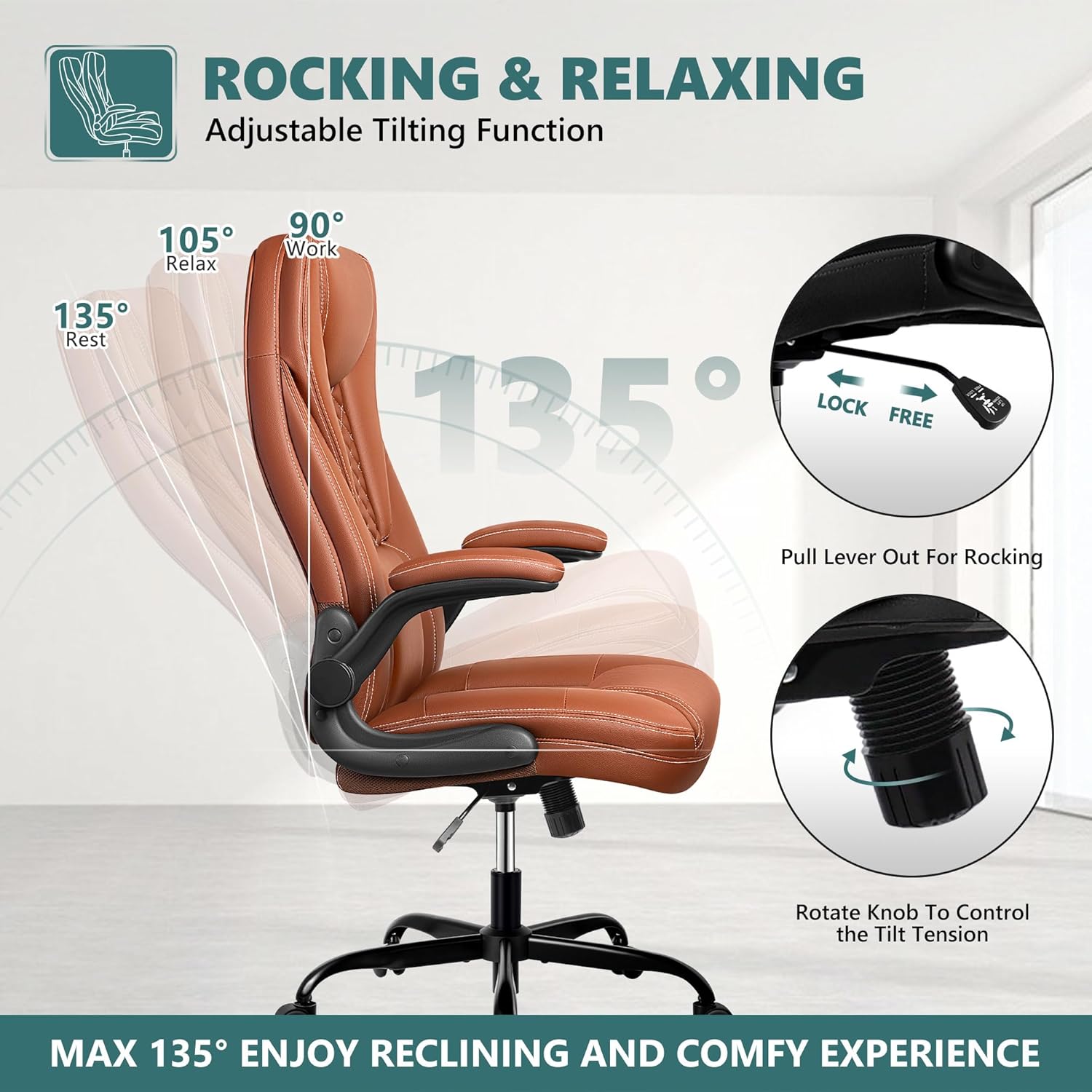 Silla de oficina, silla de oficina grande y alta, silla de oficina ejecutiva, silla ergonómica de cuero con soporte lumbar, sillas de escritorio