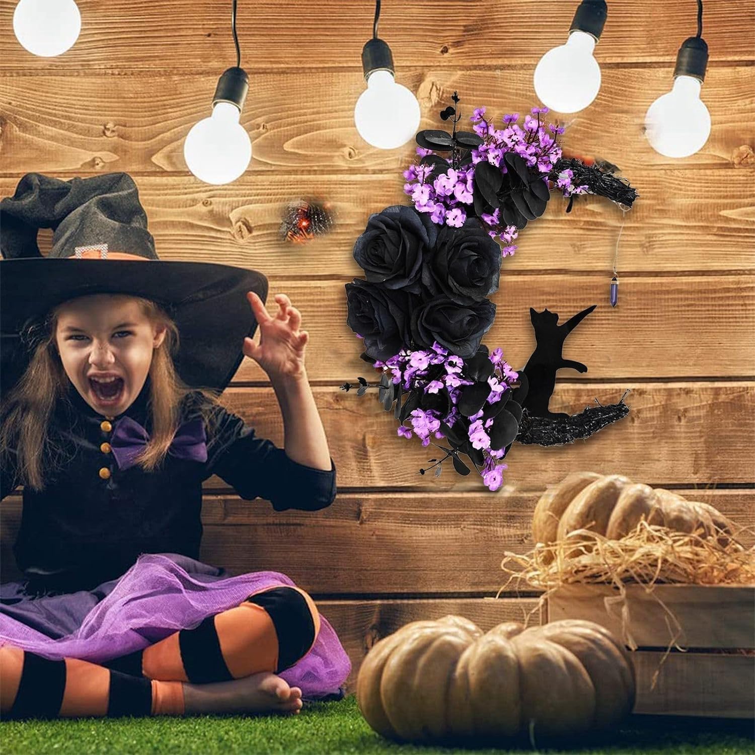 Corona de Halloween para puerta delantera, decoración de Halloween para puerta delantera, decoración de corona de luna para el hogar, dormitorio,