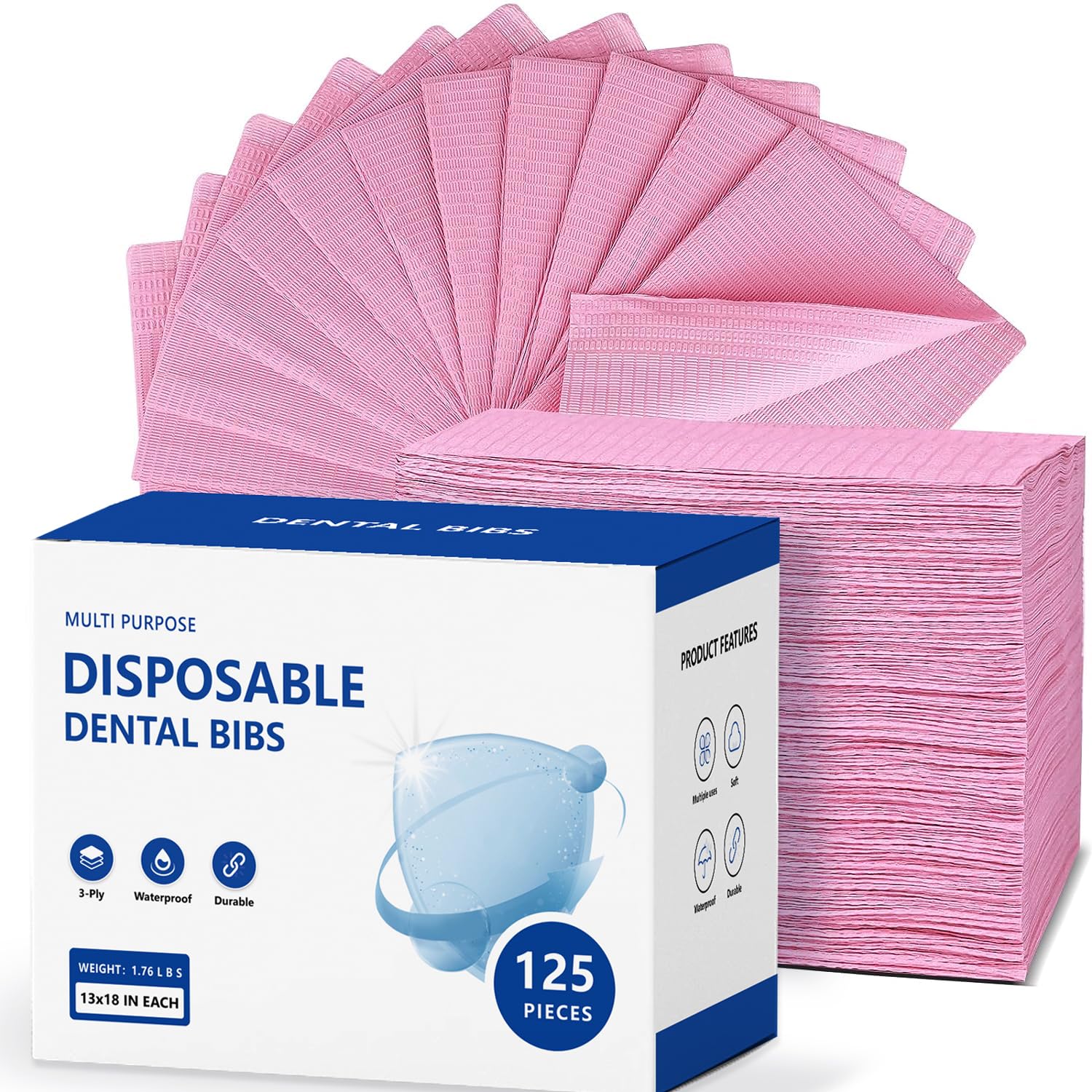 Baberos dentales desechables de 13 x 18 pulgadas, 3 capas impermeables para salón de uñas, tienda de tatuajes y tienda dental (rosa)