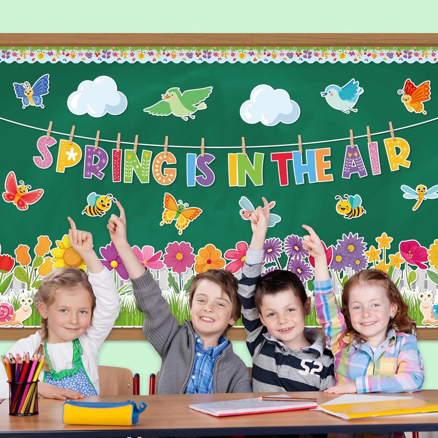 AsodSway 119P Spring is in The Air – Recortes para tablón de anuncios, decoración de aula, flores de primavera, césped, cerca, nube, pájaros,