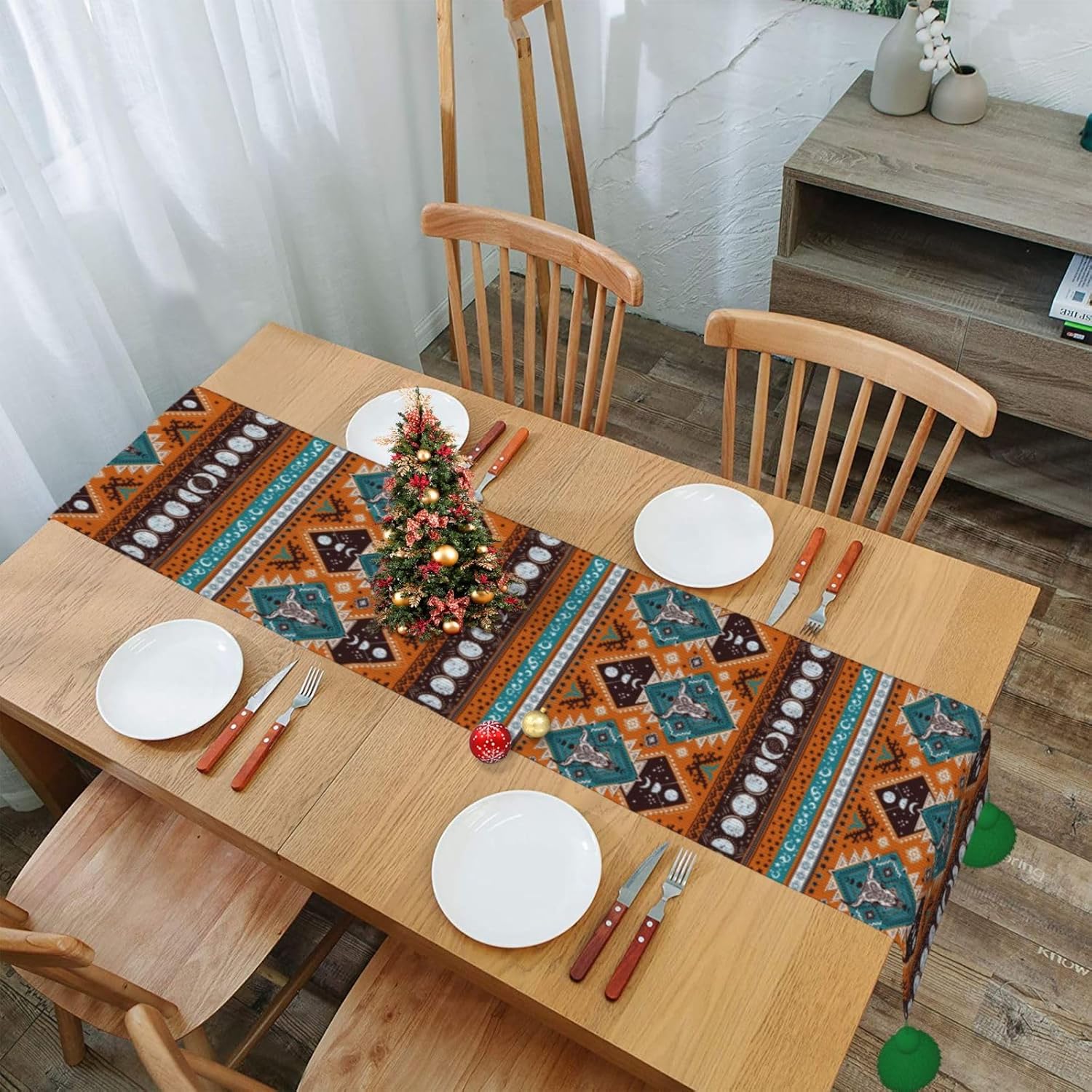 Camino de mesa de Navidad con diseño geométrico azteca indio, tribal, decoración de Navidad, decoración de Navidad, decoración de interiores del