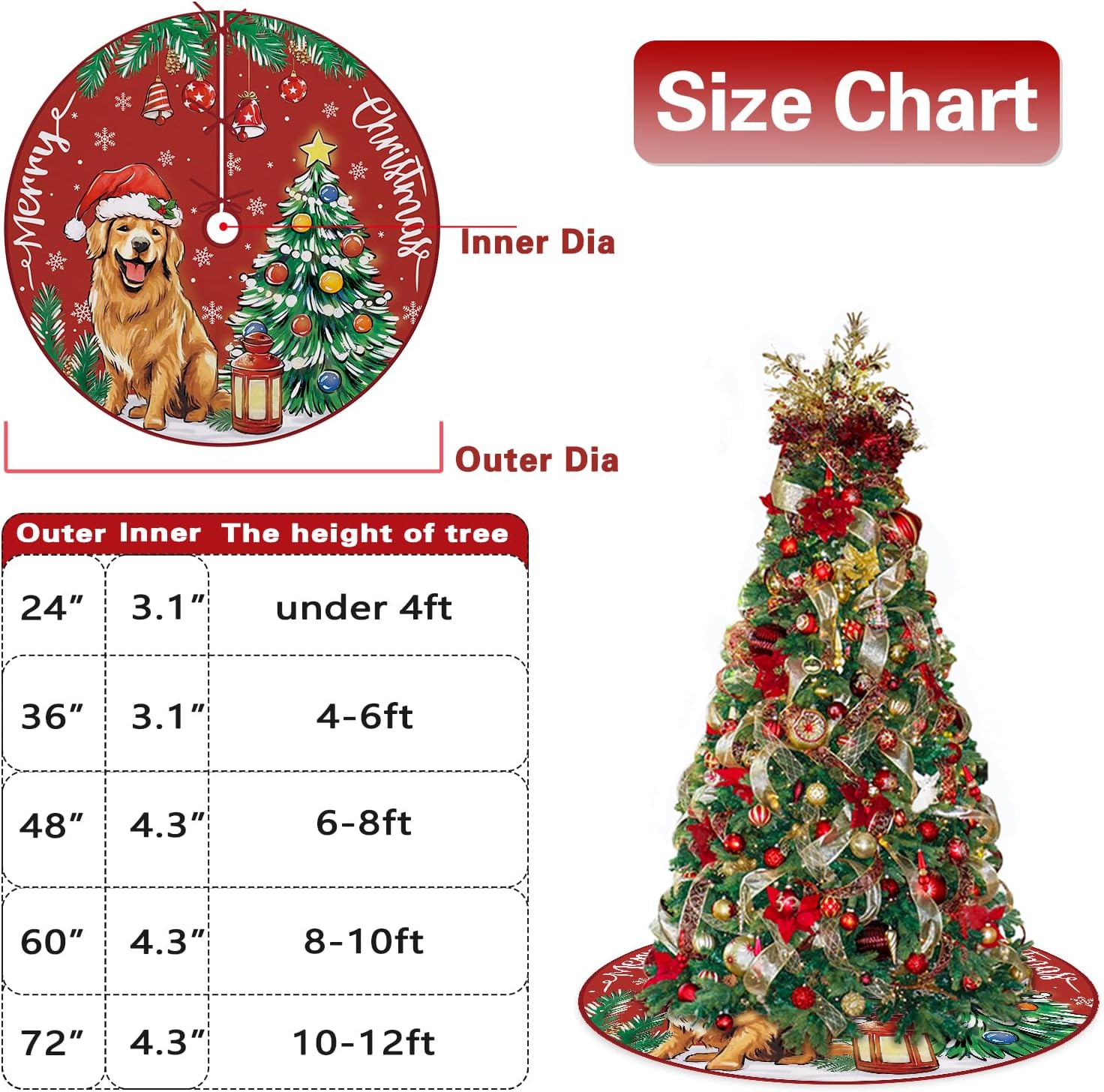 Feliz Navidad Golden Retriever – Falda de árbol de perro de 36 pulgadas con cordones, sombrero de Papá Noel, falda de árbol de Navidad roja
