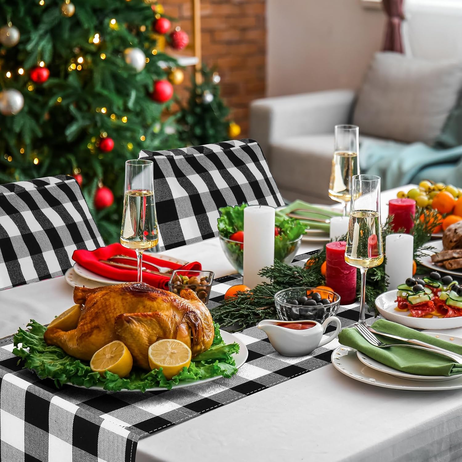6 fundas para sillas de Navidad, con sombrero de Papá Noel a cuadros de búfalo con camino de mesa de 71 pulgadas para Navidad, comedor, restaurante,