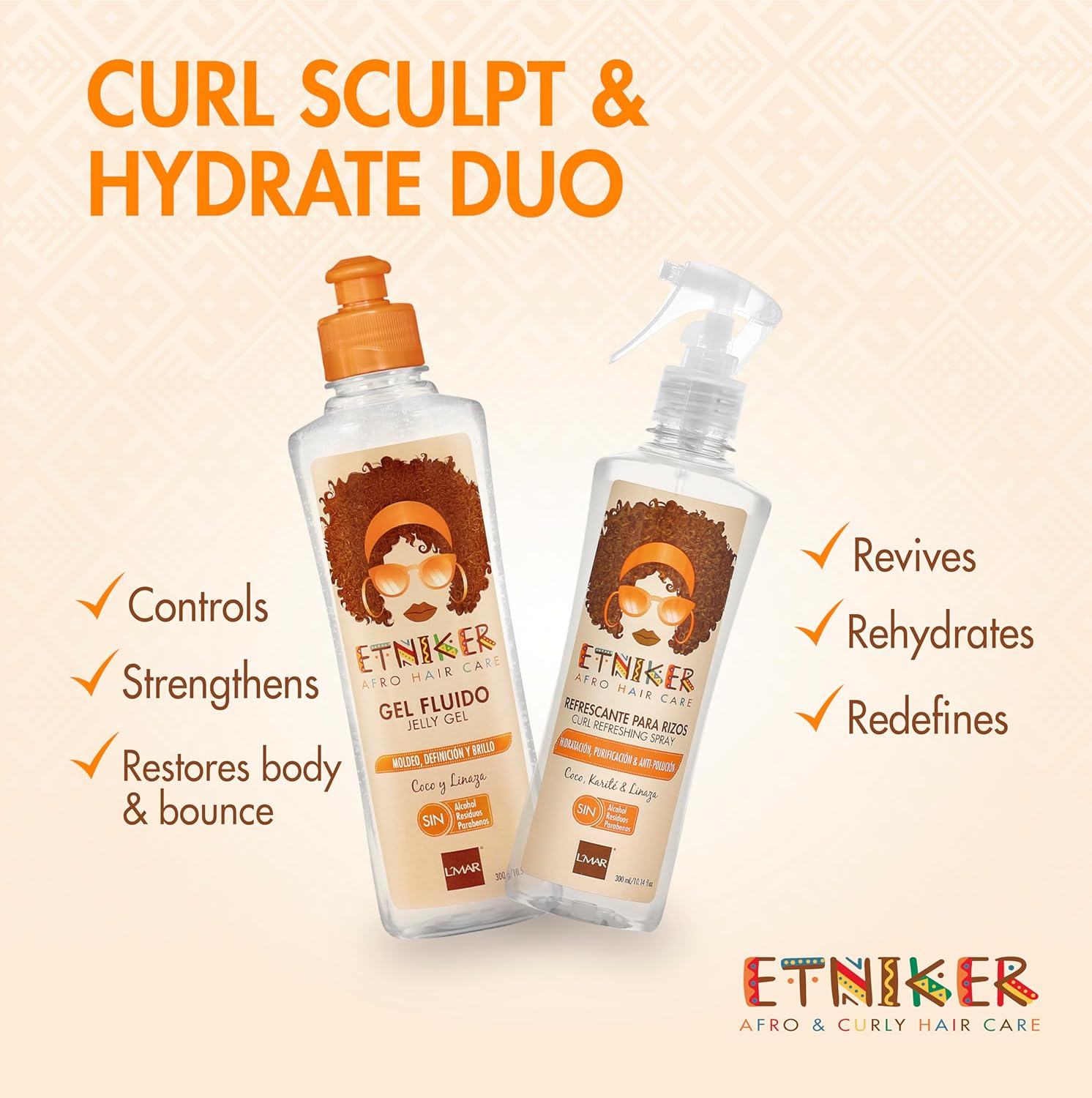 Etniker Kit para rizos gel de gelatina ETNIKER y spray refrescante de rizos  Nutrie, define y revive con coco, linaza y manteca de karité  Sin