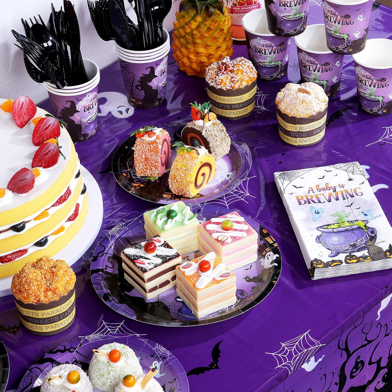 Decoraciones de fiesta de baby shower de Halloween, platos y servilletas de baby shower, mantel desechable, platos de papel, servilletas, vasos,