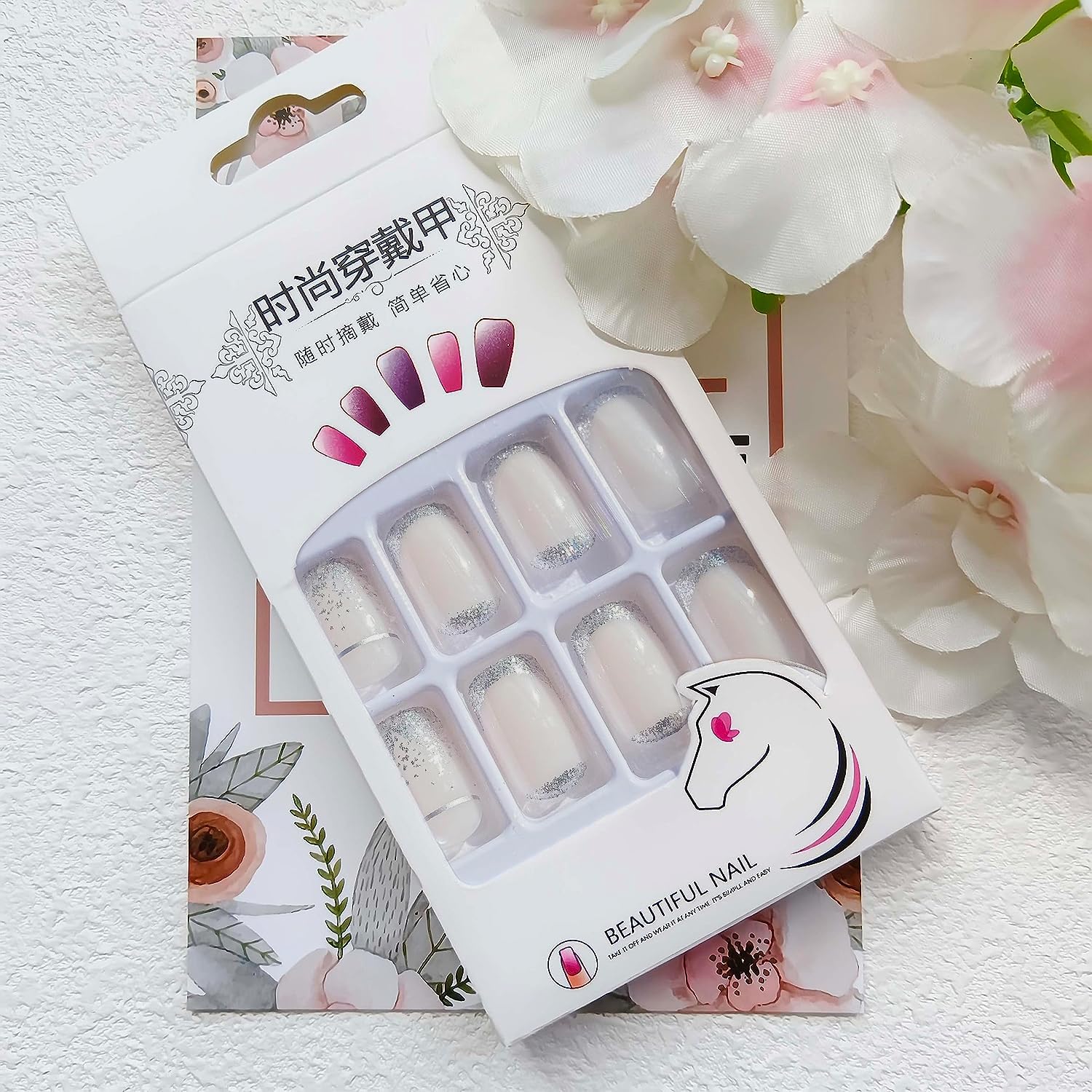 diduikalor Uñas postizas cuadradas cortas a presión, de cobertura completa, plateadas con purpurina, con diseños, uñas postizas brillantes y blancas