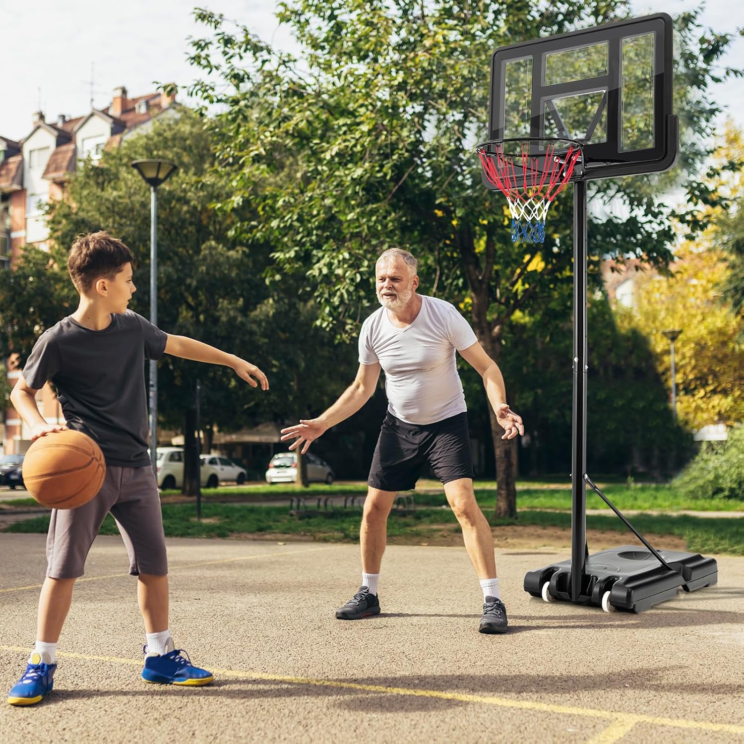 GYMAX Aro de baloncesto para exteriores, sistema de portería de baloncesto portátil ajustable de 4.25 a 10 pies, tablero trasero inastillable de 44