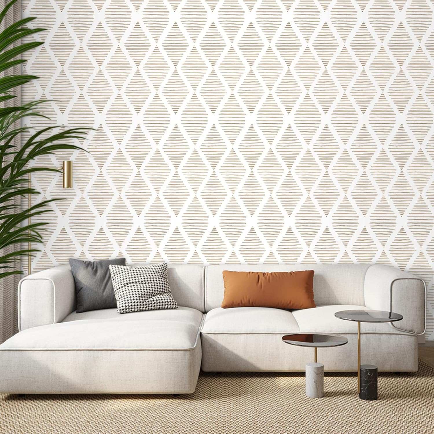 WENMER Papel tapiz geométrico para despegar y pegar de 17.3 x 590 pulgadas, papel tapiz a rayas beige, autoadhesivo, extraíble, papel tapiz adhesivo