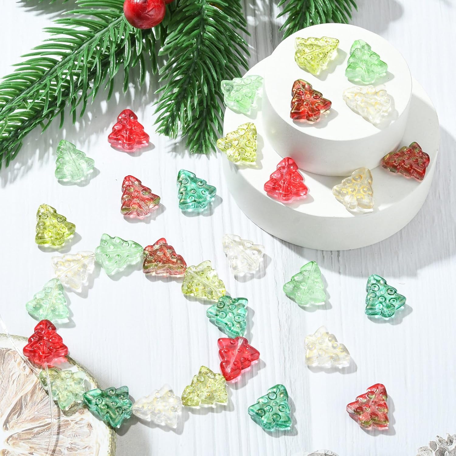LiQunSweet 100 cuentas de cristal transparente con purpurina brillante para árbol de Navidad, cuentas espaciadoras sueltas para manualidades,