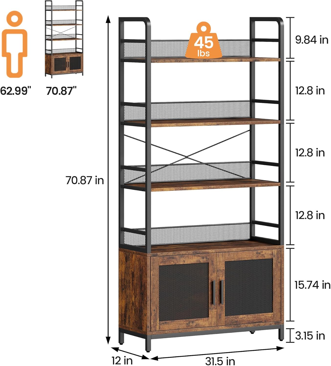 IDEALHOUSE Estantería industrial con puertas con 4 niveles, estante de almacenamiento abierto, estantes rústicos de 70.87 pulgadas de alto, estante