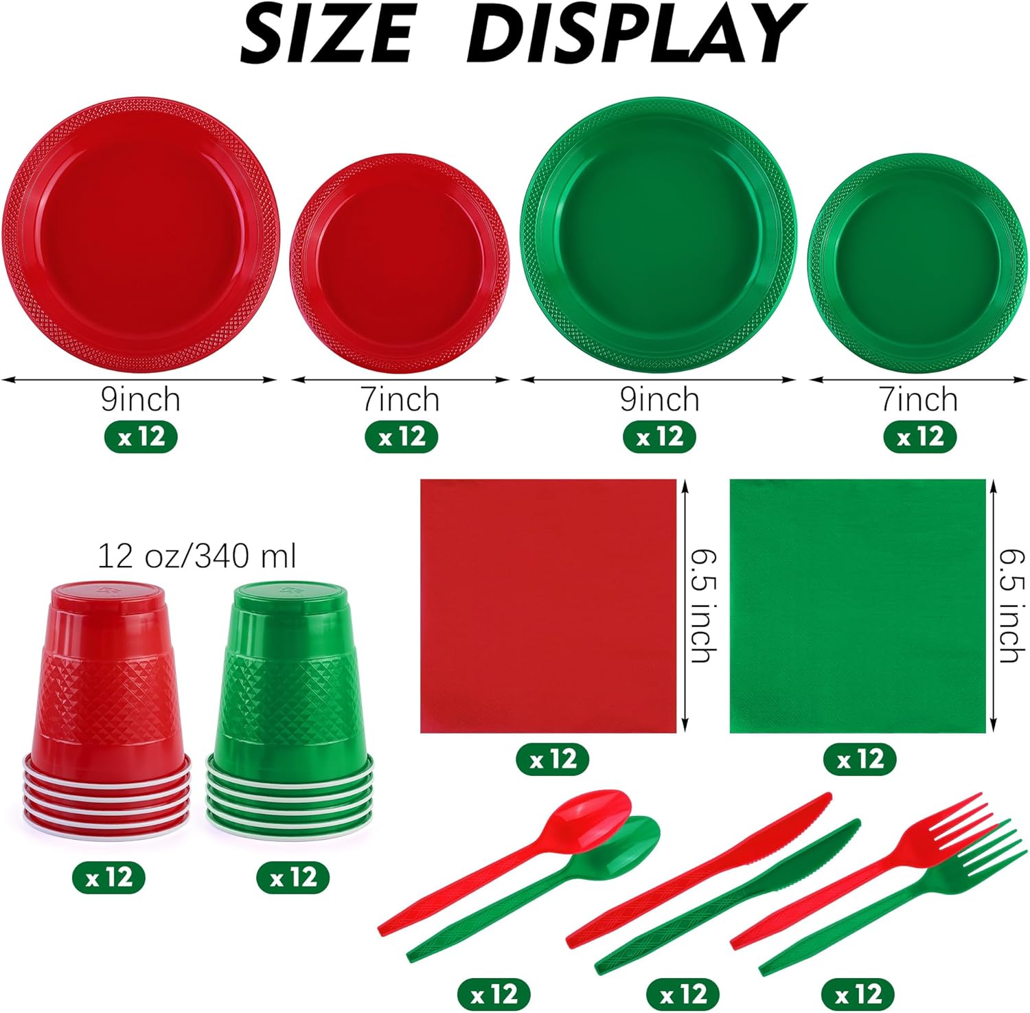 Juego de vajilla desechable de 168 piezas de Navidad rojo y verde para fiestas, incluye platos de plástico de Navidad, tazas, cuchillos, tenedores,