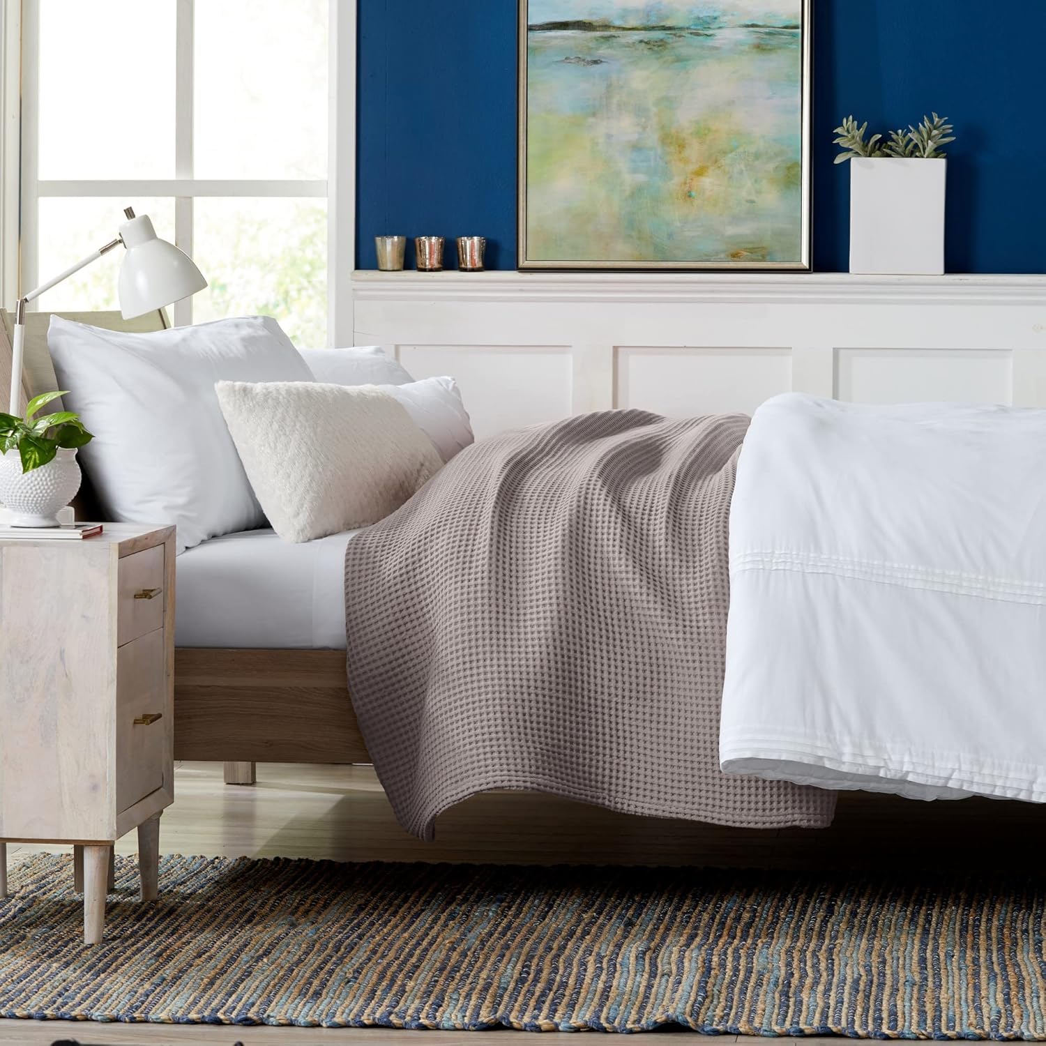 Manta de cama 100% algodón con tejido de gofre, suave, transpirable y ligera para todas las estaciones, perfecta para usar en capas, colección