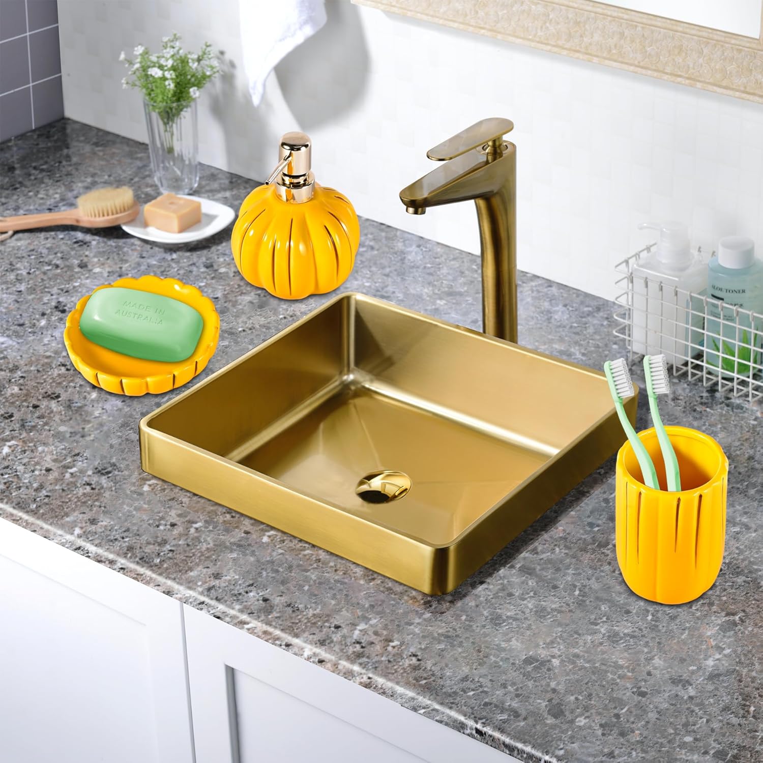 Juego de accesorios de baño de cerámica de 3 piezas, juego de accesorios decorativos para encimera de baño, forma de calabaza, amarillo