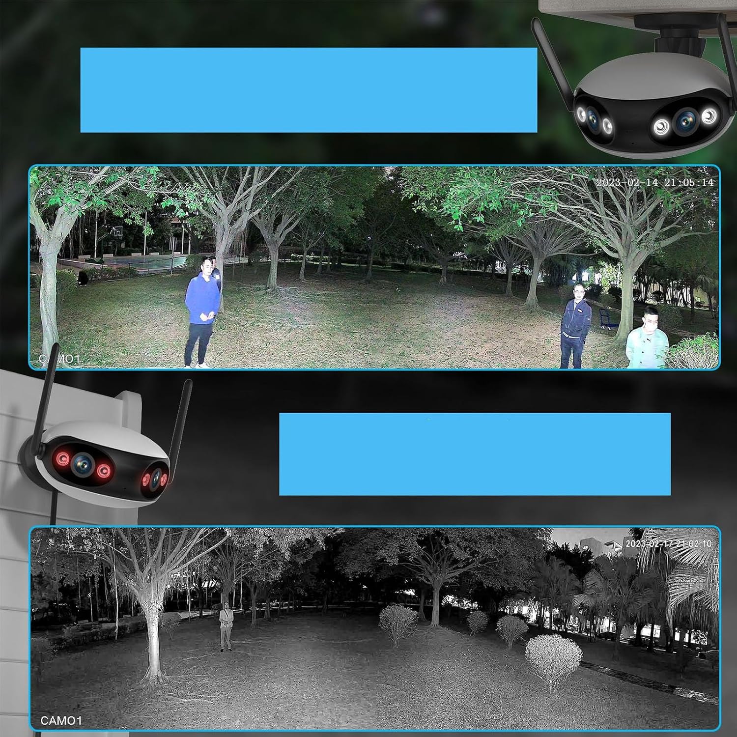 Cámara de seguridad para exteriores, cámara inalámbrica de doble lente 2K con detección de movimiento, cámara de seguridad nocturna IP66 a todo
