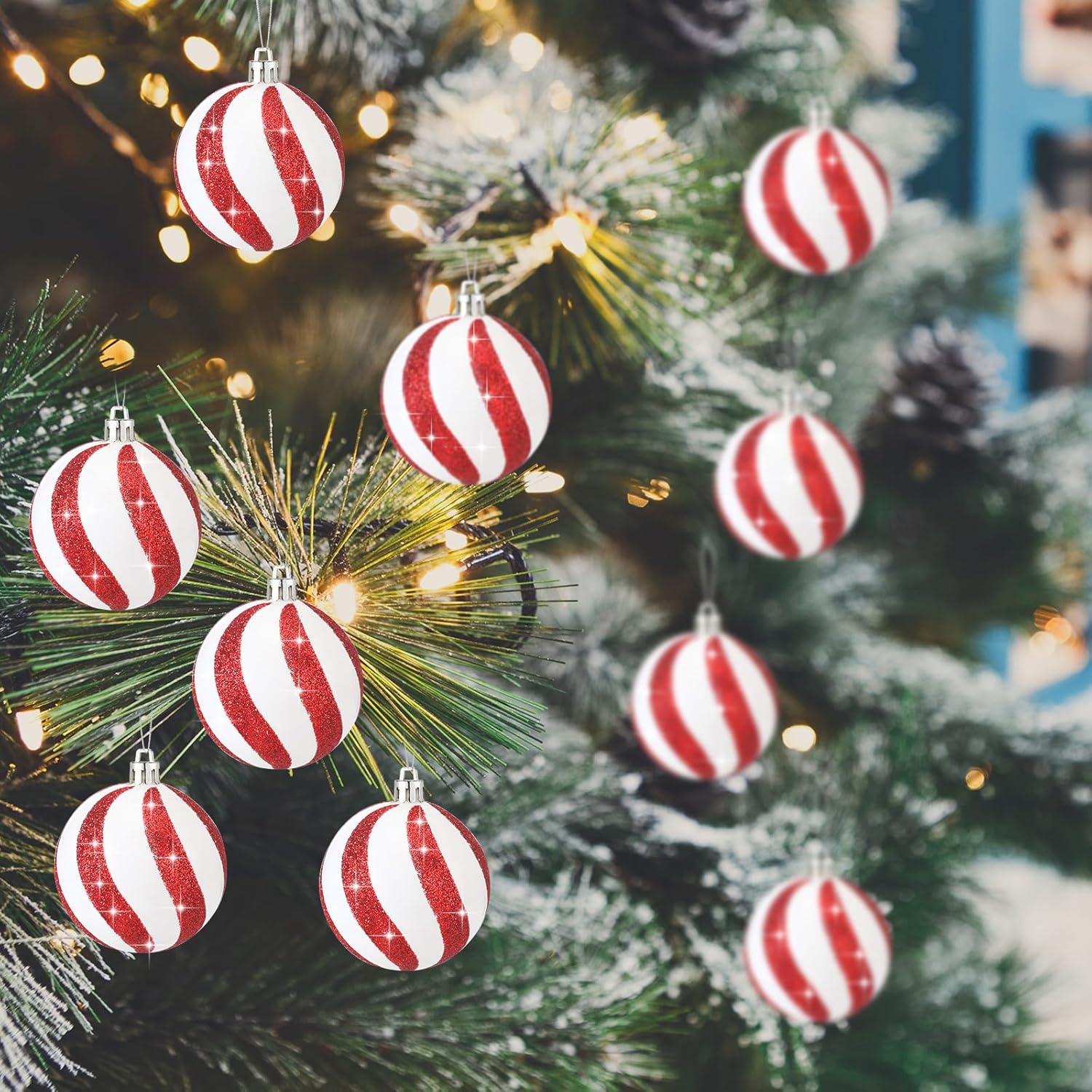 20 bolas de Navidad de 2.36 pulgadas, colgantes de plástico, adornos colgantes para árbol de Navidad, bolas rojas y blancas de menta para árbol de