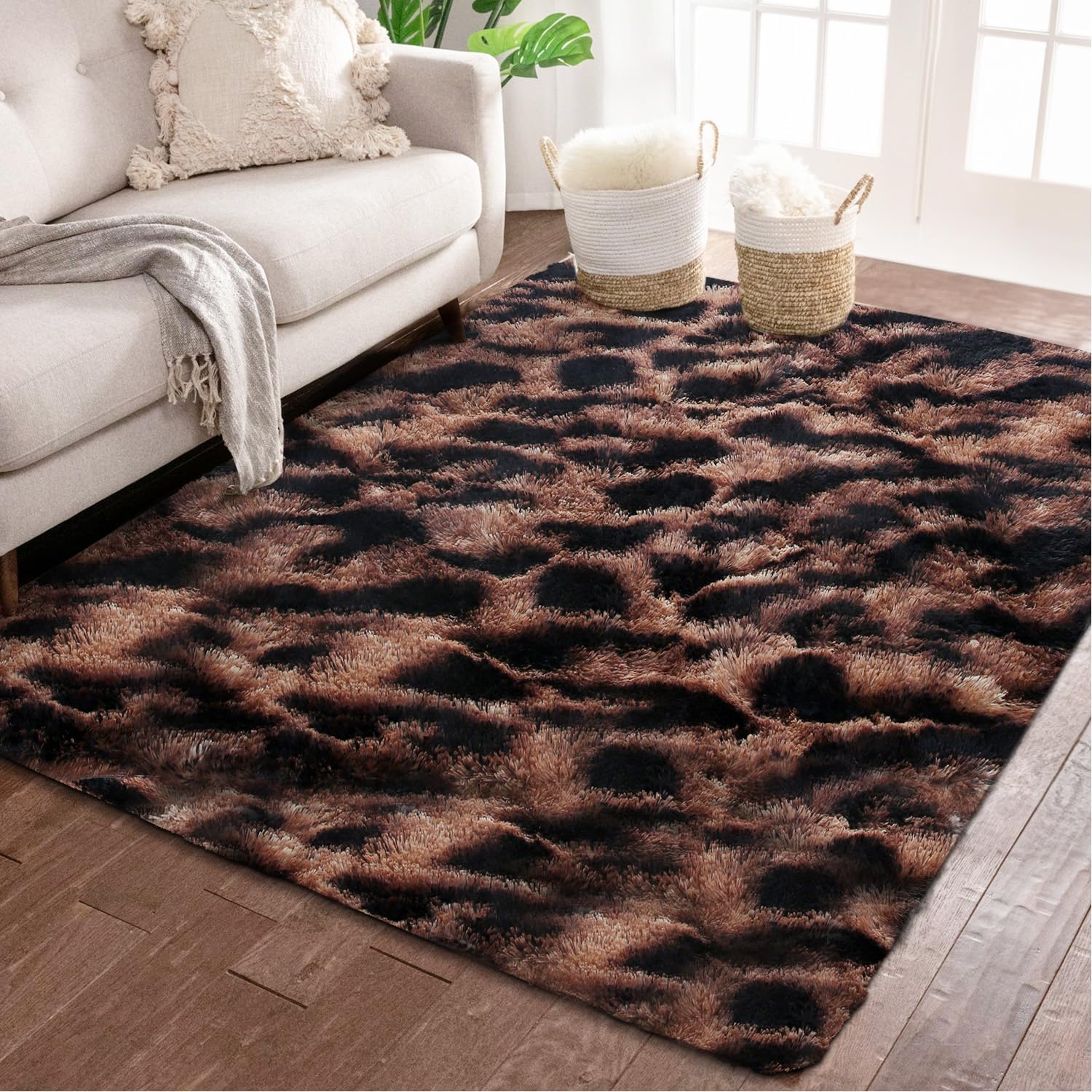 Alfombra de leopardo esponjosa de 3 x 5 pies para sala de estar, dormitorio, alfombra de área con teñido anudado marrón y negro de 3 x 5 pies,