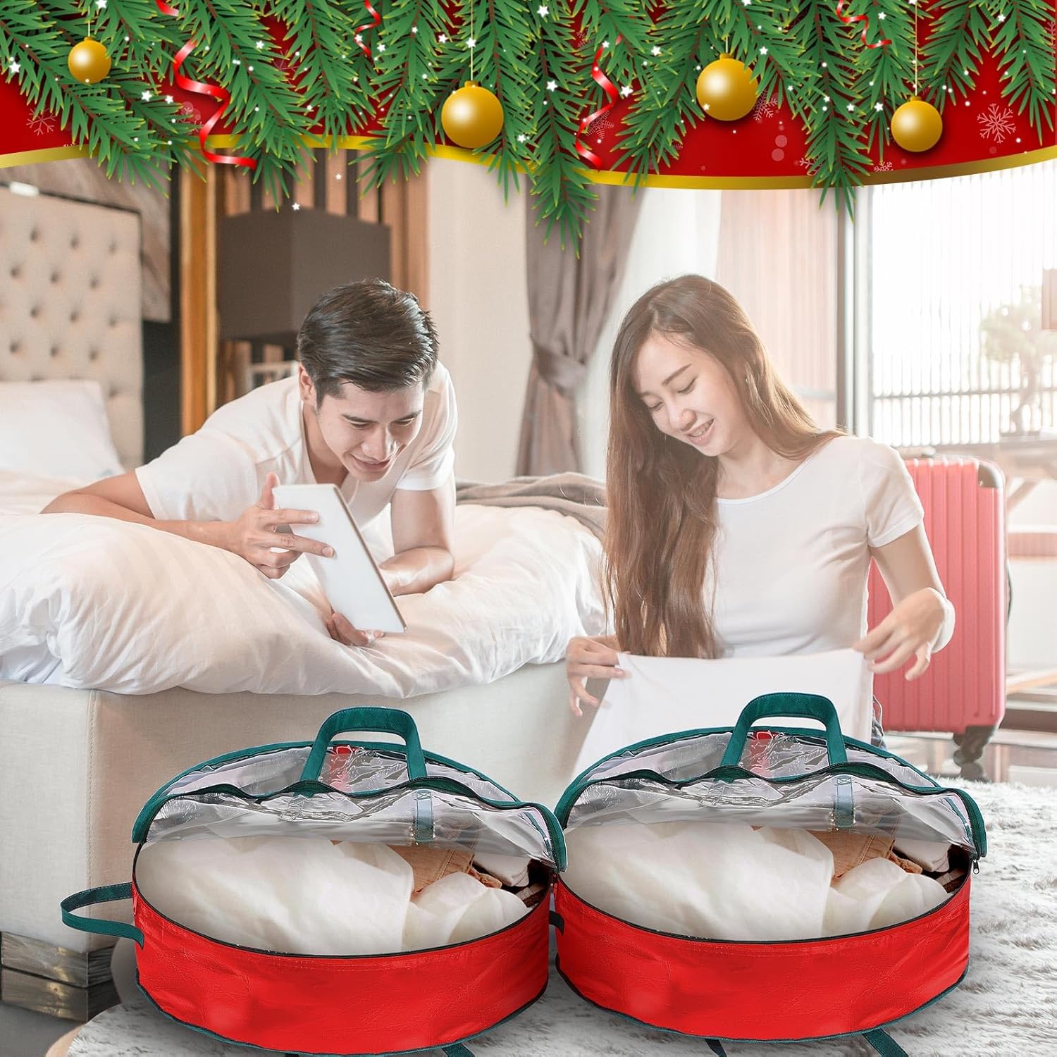 Shappy Bolsa de almacenamiento de corona de Navidad, contenedores de almacenamiento de plástico para coronas, contenedor de coronas, decoración de