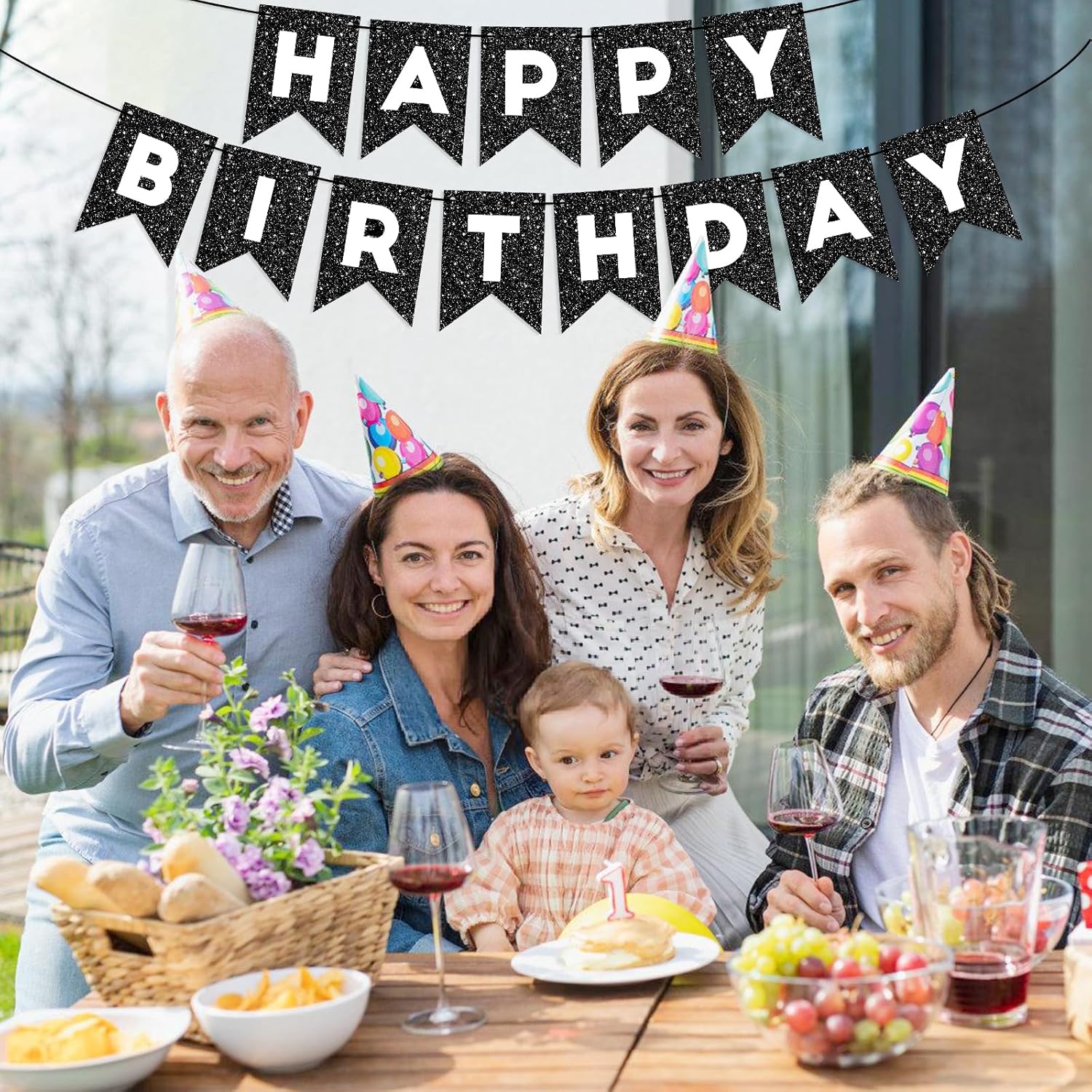Cartel de feliz cumpleaños negro para telón de fondo con purpurina negra para decoración de feliz cumpleaños para hombres y mujeres, fiesta de
