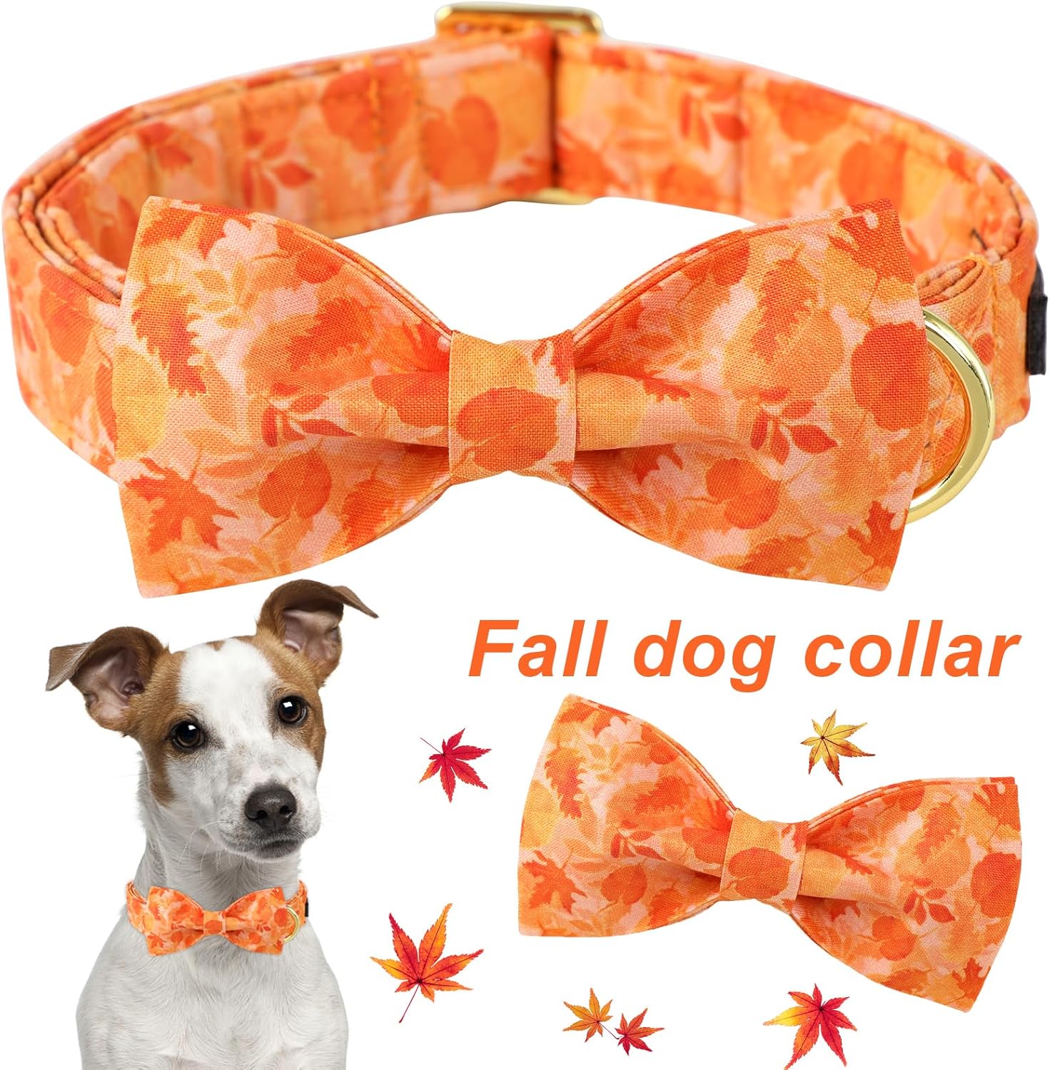 ARING PET Collar de perro de otoño, lindo collar de perro amarillo con lazo, ajustable de algodón con hojas de otoño, pajarita con hebilla de metal
