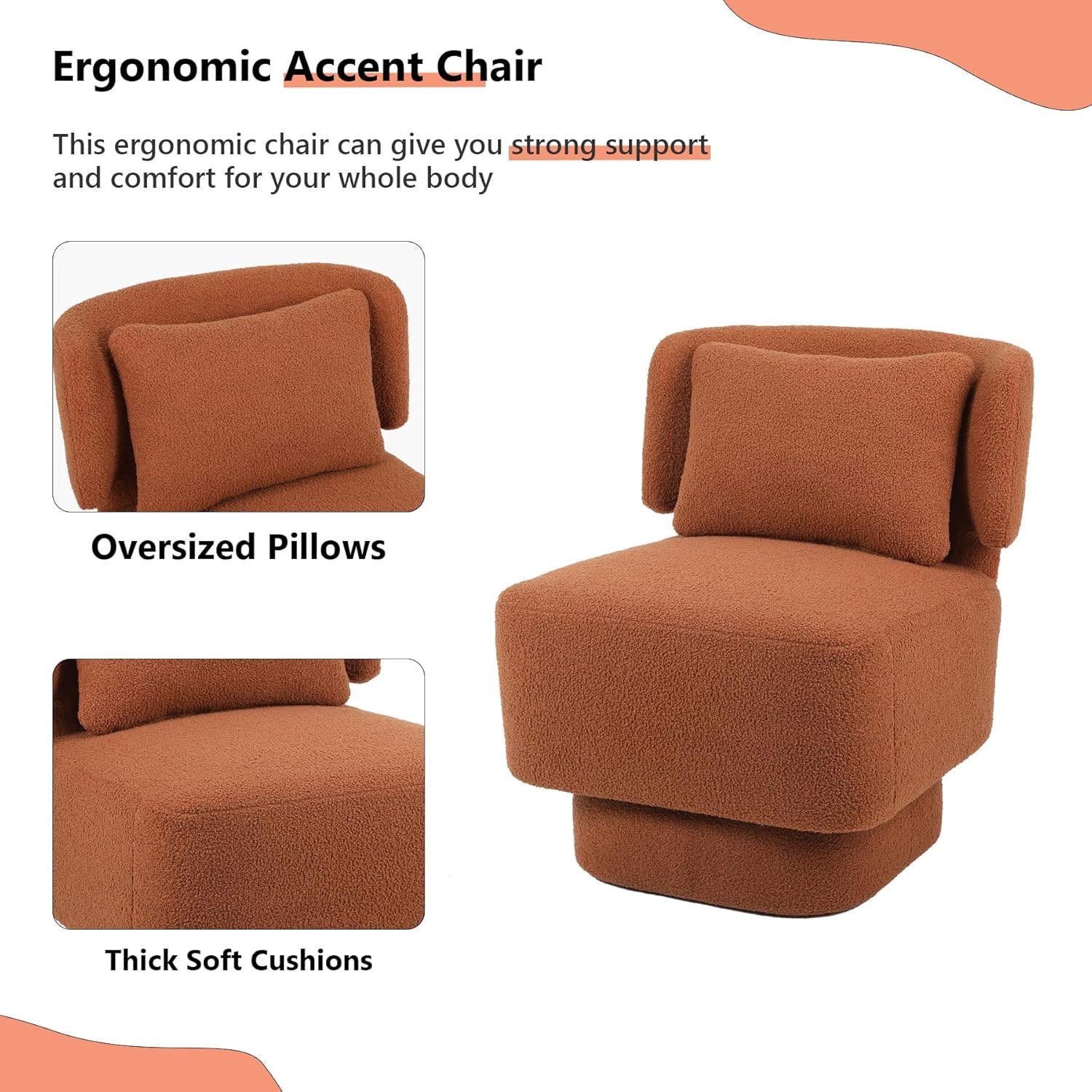 Silla giratoria de barril de 360 grados, silla giratoria de tela de peluche tapizada con almohada, moderna silla decorativa sin brazos para