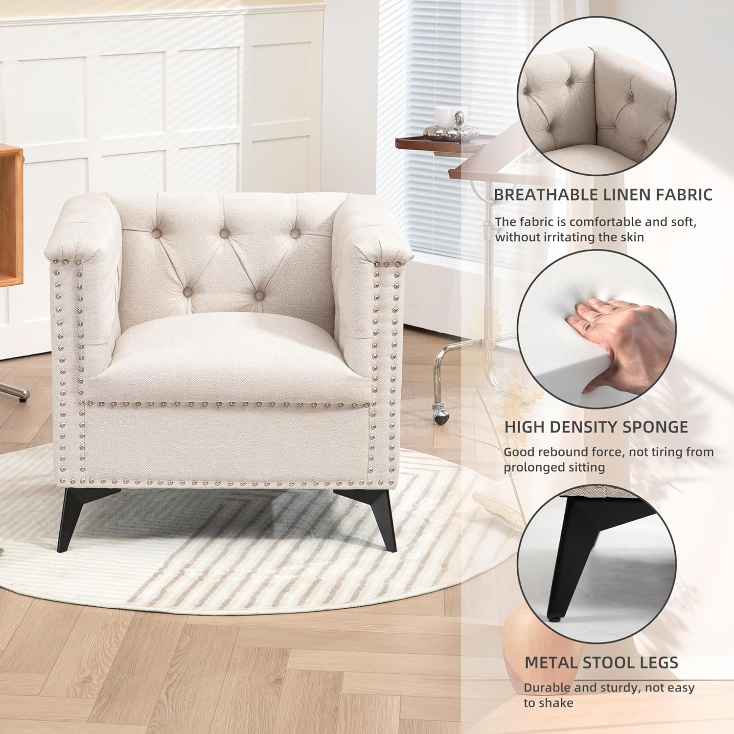 Silla decorativa Mid-Century, cómodo sofá individual con asiento cuadrado, moderno sillón decoración de remaches para sala de estar, dormitorio,