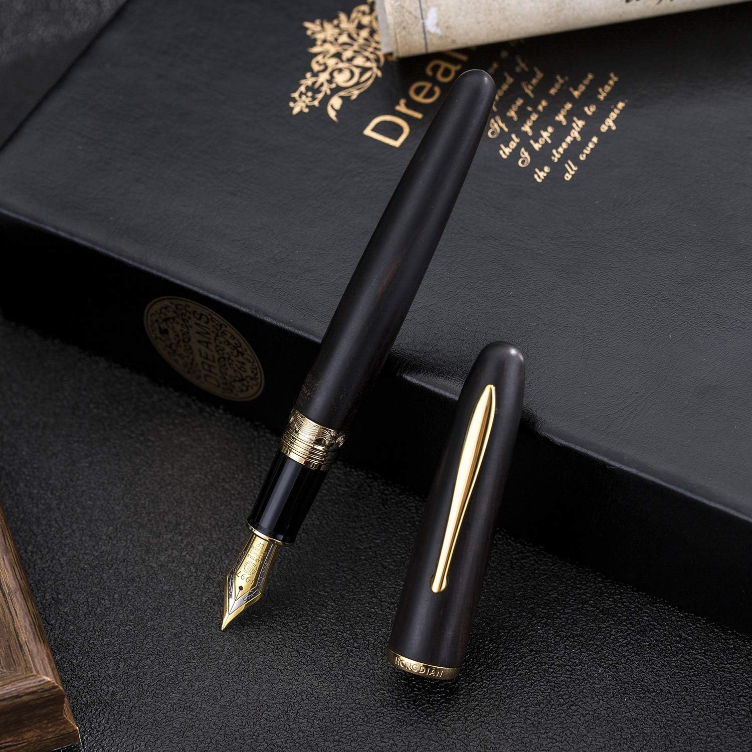 HongDian 660 pluma estilográfica de madera de ébano natural, pluma de escritura fina de iridio con estuche de metal