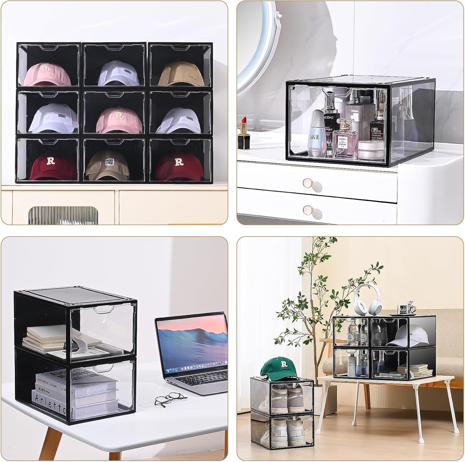 Organizador de sombreros para gorras de béisbol, paquete de 6 cajas de almacenamiento de sombreros de plástico transparente con puerta magnética,