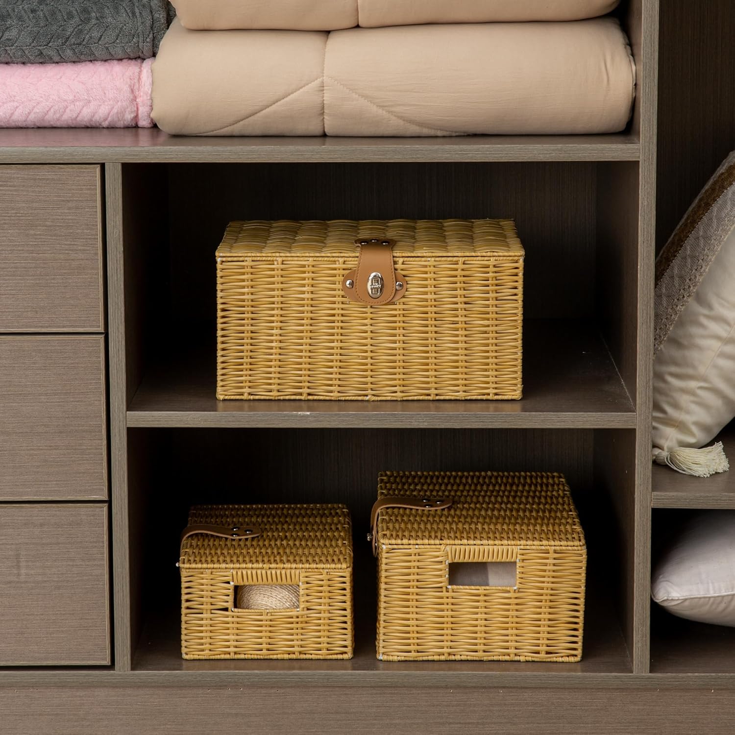 Homepeaz Cestas de almacenamiento de mimbre con tapas, juego de 3 cajas de almacenamiento decorativas para organizar, cestas tejidas con cerradura