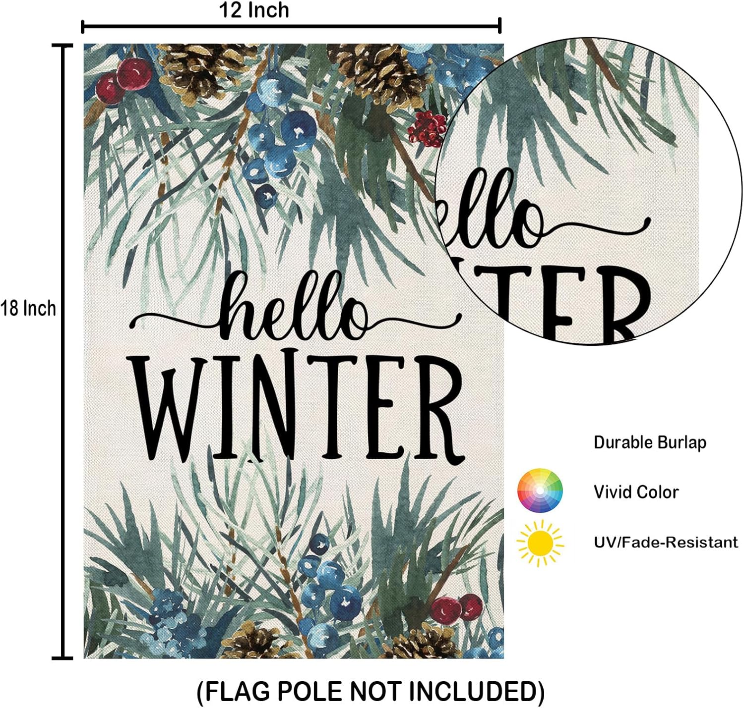 EKOREST Banderas verticales de jardín de 12 x 18 pulgadas con texto en inglés Hello Winter de doble cara, ramitas de pino para exteriores,