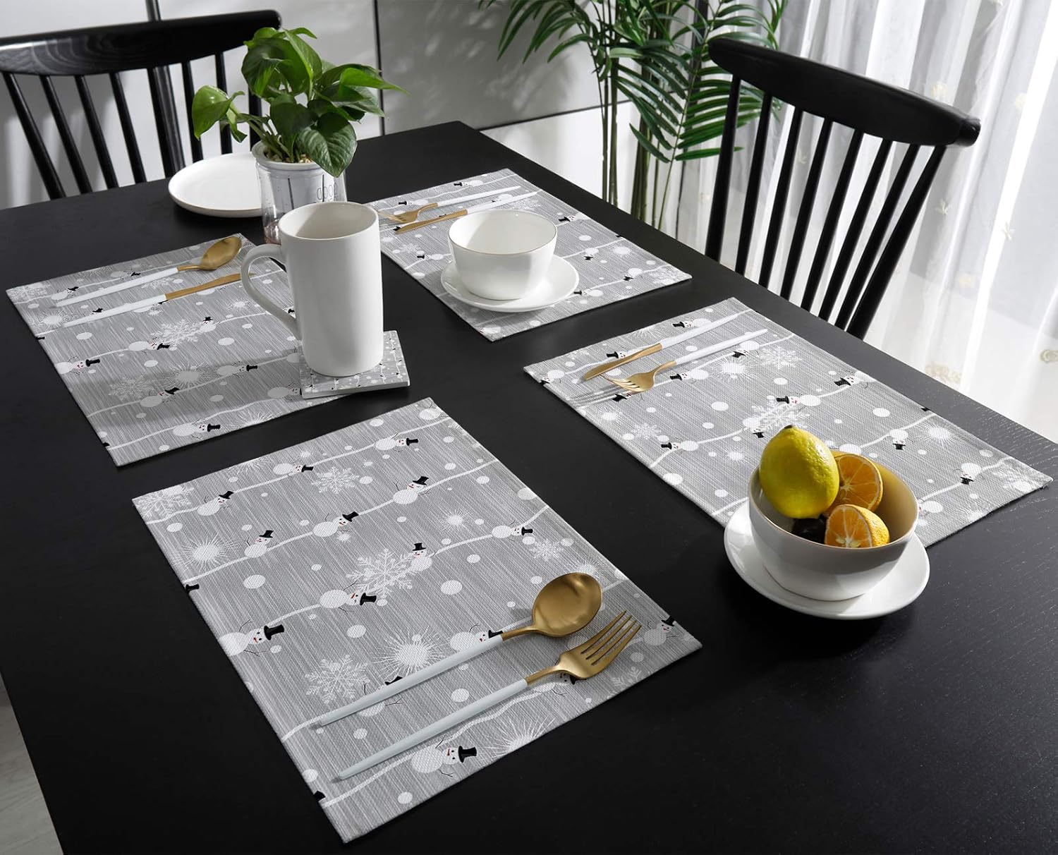 Mantel individual de invierno para mesa de comedor, juego de 4 manteles individuales de algodón y lino impermeable, mantel individual de copo de