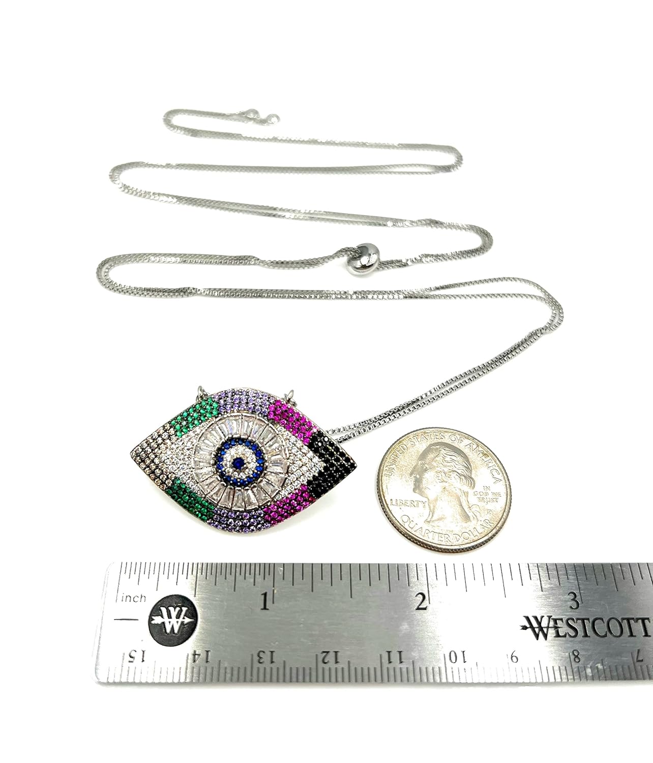 SIFRIMANIA Lucky Charm Necklace Evil Eye Pendant Adjustable Length and Vibrant Cubic Zirconia Stones for Good Luck (Silver)