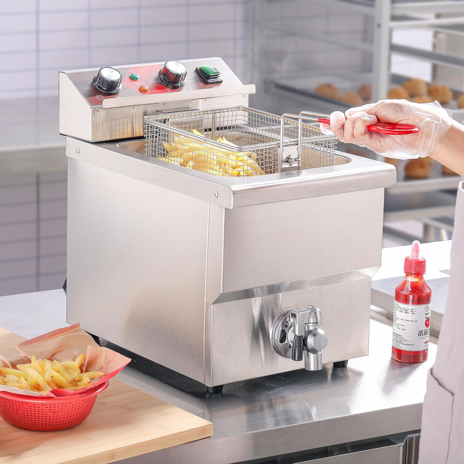 Freidora eléctrica grande de 12 litros con drenaje de aceite y temporizador, freidora profunda con cesta y tapa, freidora de encimera de acero