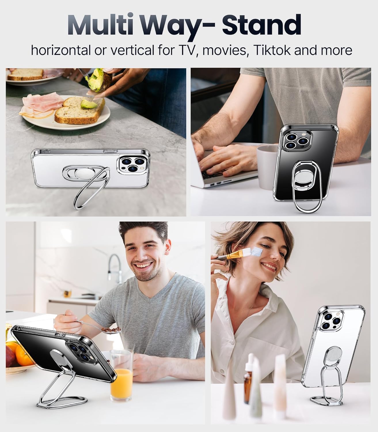 Shields Up Funda para iPhone 15 Pro Max con soporte, funda transparente con soporte de doble anillo ajustable y plegable a prueba de golpes para