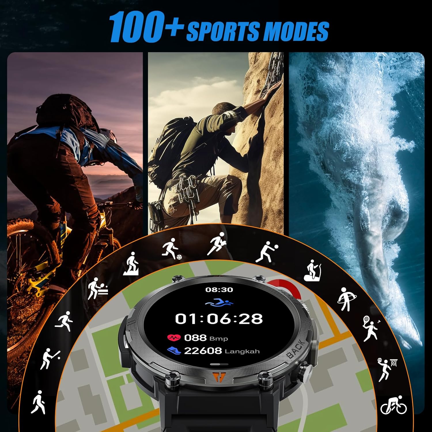 Relojes inteligentes militares para hombres con linterna LED, reloj inteligente táctico resistente al aire libre con pantalla táctil HD de 1.45