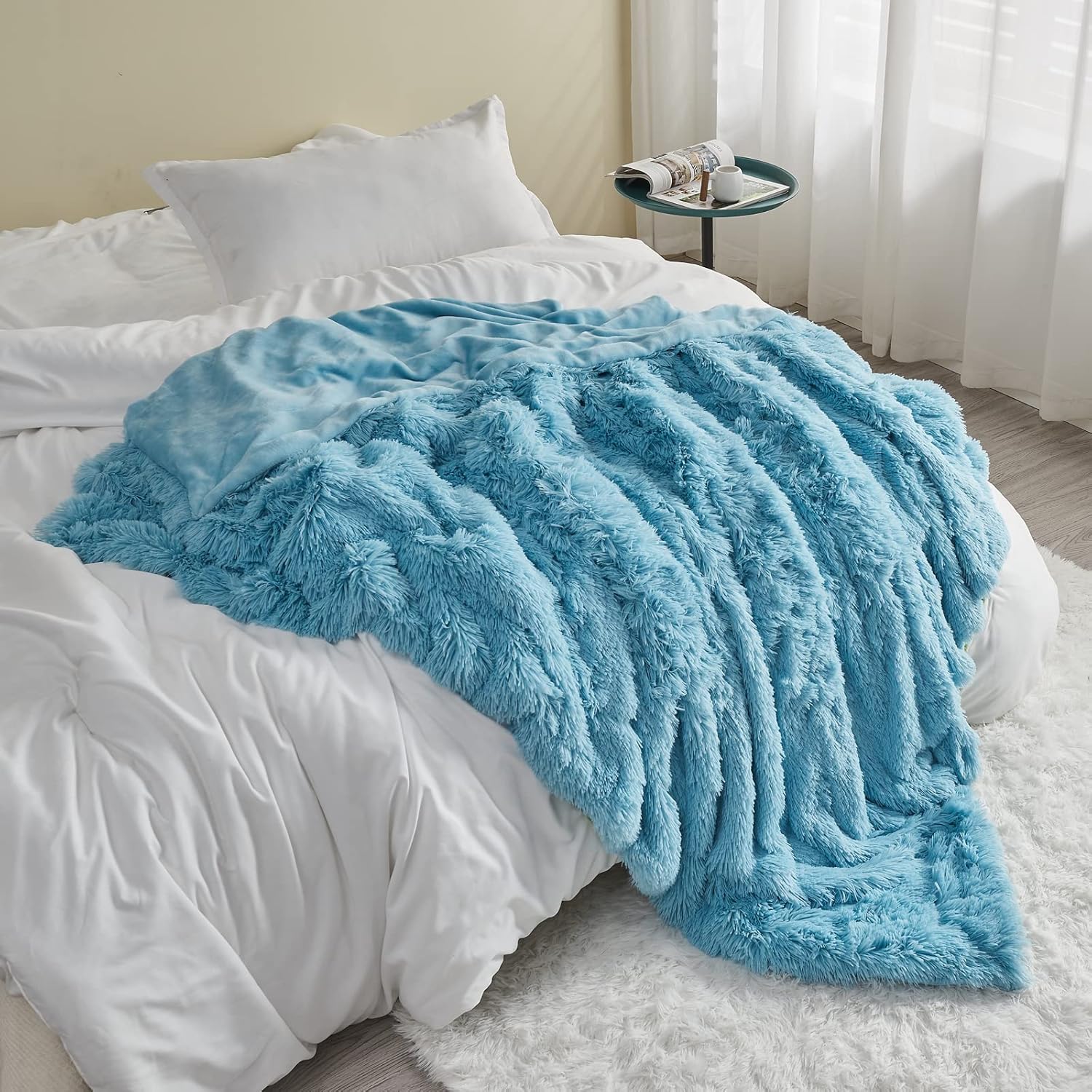 GONAAP Manta mullida de piel sintética, color azul cielo, súper suave y acogedora manta mullida de felpa lanuda para sofá o cama (azul cielo, manta