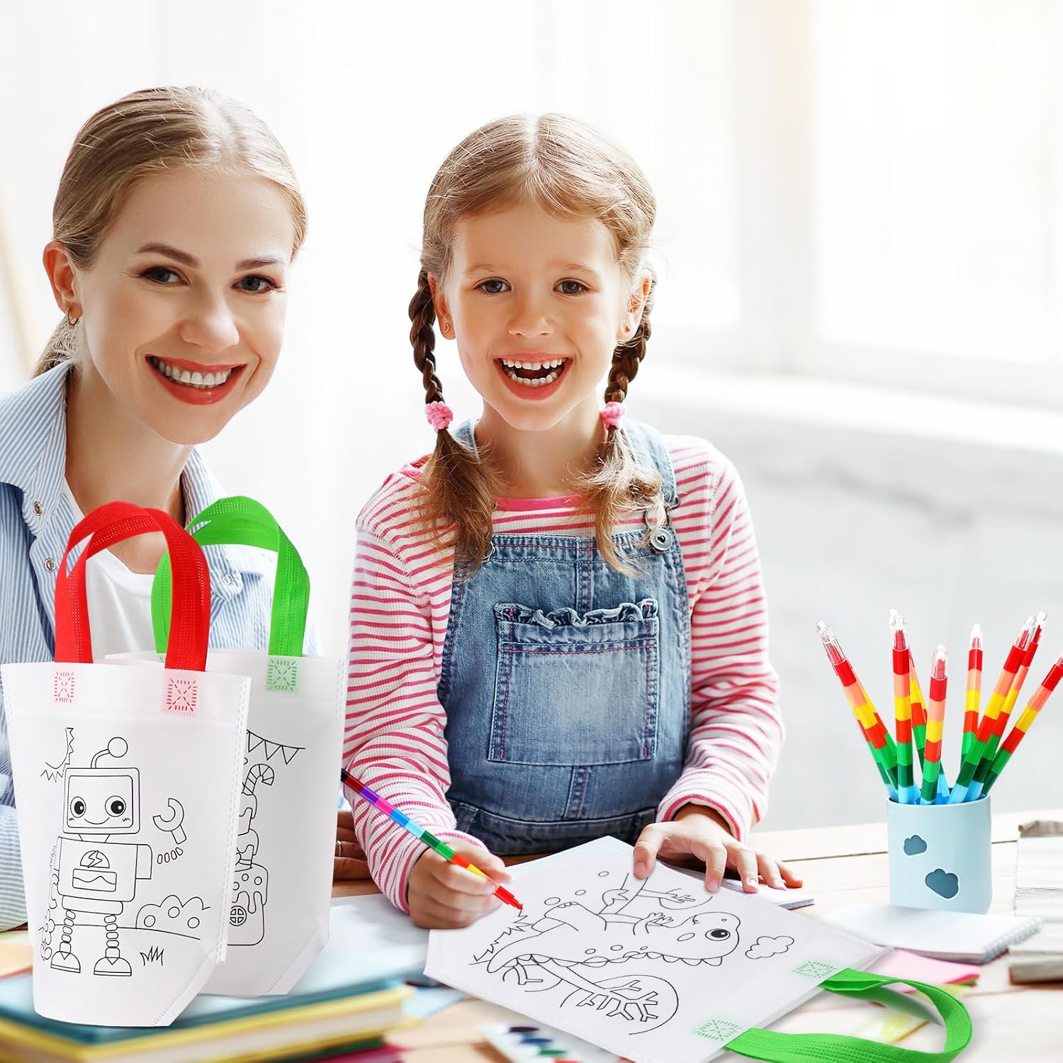Lindas bolsas de regalo para colorear para niños, fiesta de cumpleaños, reutilizables, dibujos animados, para colorear, bolsas de mano no tejidas