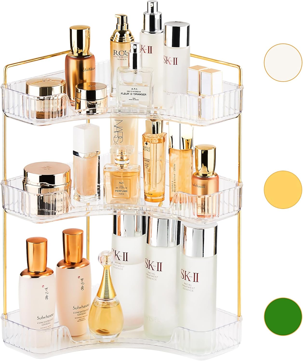 Organizador de maquillaje, organizador de esquina de 3 niveles, organizador de maquillaje acrílico de gran capacidad para tocador, cosméticos de