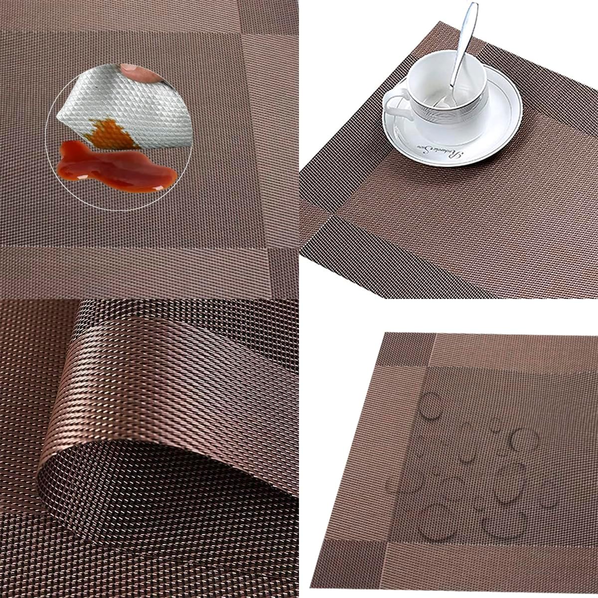 Juego de 6 manteles individuales de tejido de PVC lavables para mesa de cocina, resistentes al calor, antideslizantes, manchas (marrón)