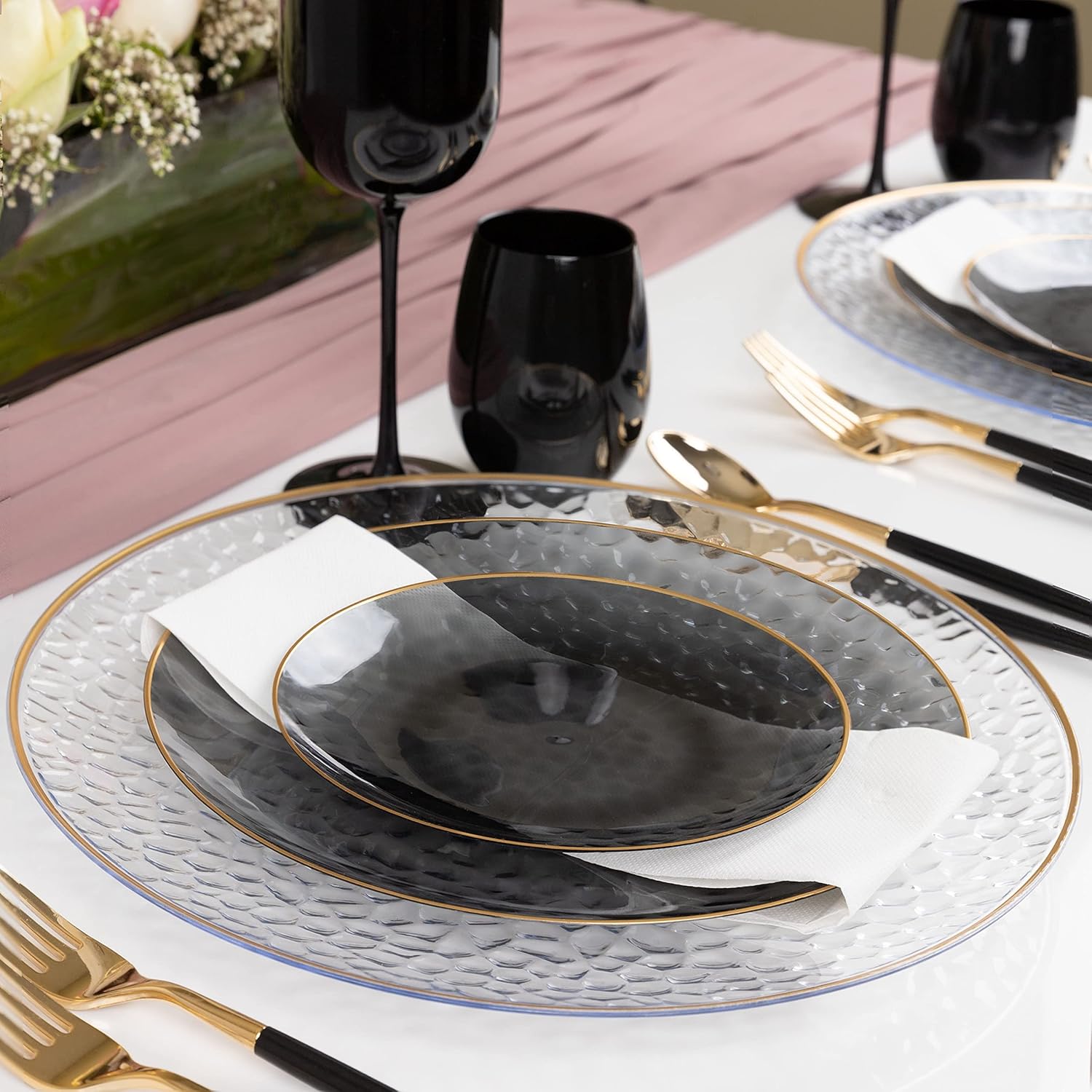PARTY BARGAINS Organic Collection – Platos de cena de 7 pulgadas, color negro transparente martillado con borde dorado, paquete de 10, platos