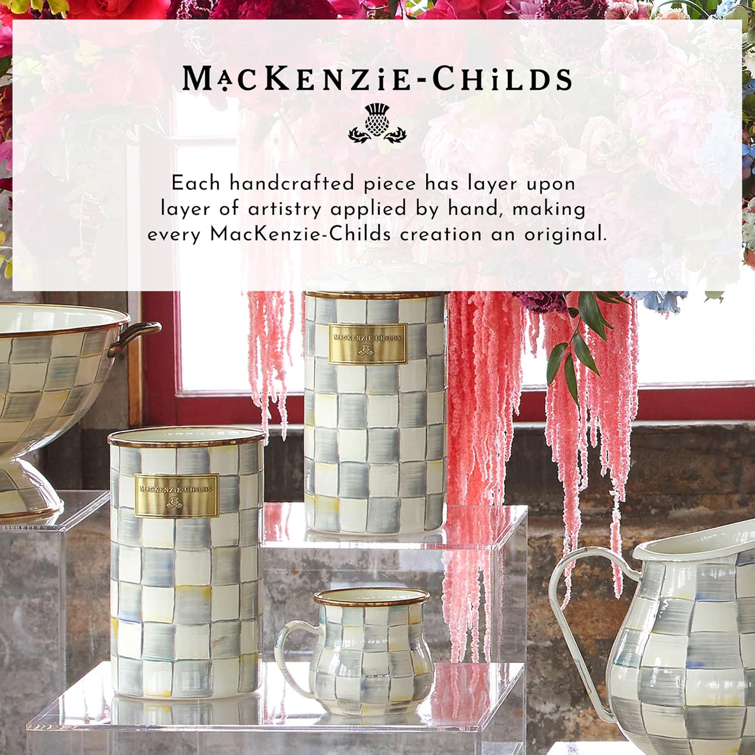 Mackenzie-Childs Bandeja redonda esmaltada, bandeja circular única, bandeja decorativa para alimentos, cuadros de ley