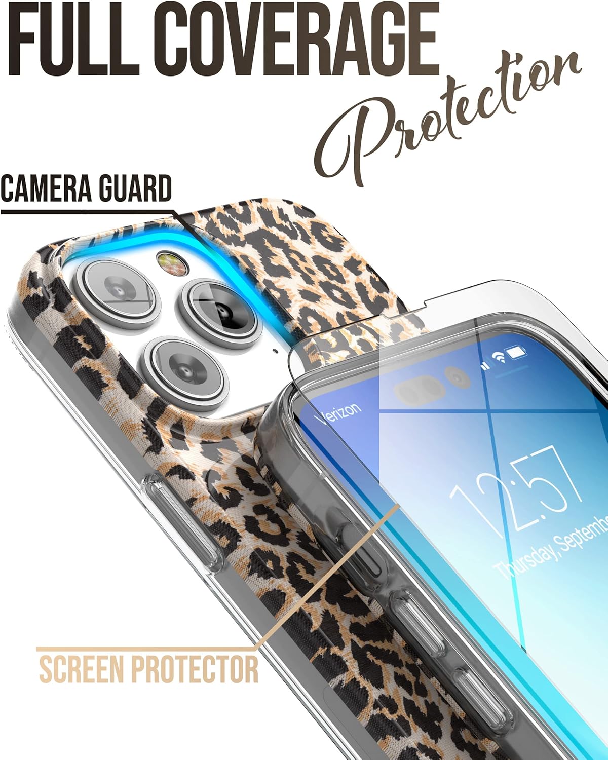 Funda de mano diseñada para iPhone 14 PRO con correa y protector de pantalla templado (leopardo)