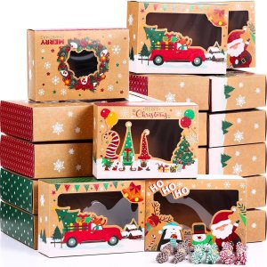 Outus 100 cajas de galletas de Navidad con ventana transparente, 4 estilos de contenedores de galletas de Navidad y 6 rollos de cordeles, cajas de Outus 100 cajas de galletas de Navidad con ventana transparente, 4 estilos de contenedores de galletas de Navidad y 6 rollos de cordeles, cajas de