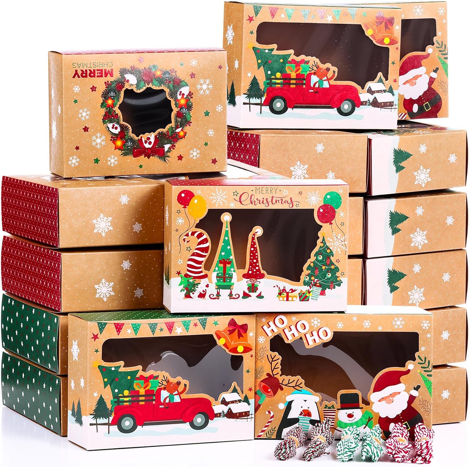 Outus 100 cajas de galletas de Navidad con ventana transparente, 4 estilos de contenedores de galletas de Navidad y 6 rollos de cordeles, cajas de