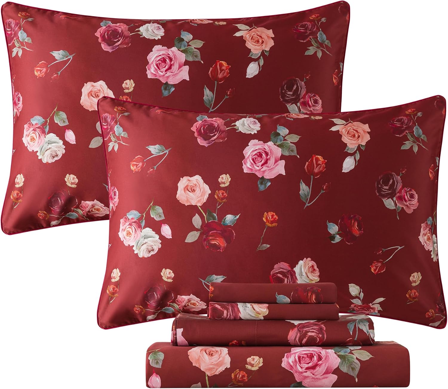 FADFAY Sábanas de rosas rojas, tamaño individual XL, ropa de cama vintage floral rosa elegante, ropa de cama de granja desgastada, 100% algodón
