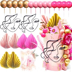 JeVenis Decoración minimalista de acrílico rosa para tartas de dama, decoración bohemia para tartas de hojas doradas, flores, decoración para tartas JeVenis Decoración minimalista de acrílico rosa para tartas de dama, decoración bohemia para tartas de hojas doradas, flores, decoración para tartas